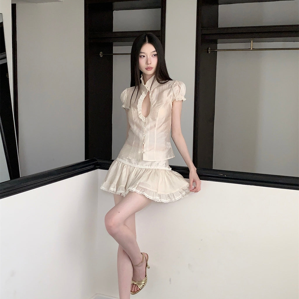 Beige Sheer High Collar Puff Sleeve Skirt Set