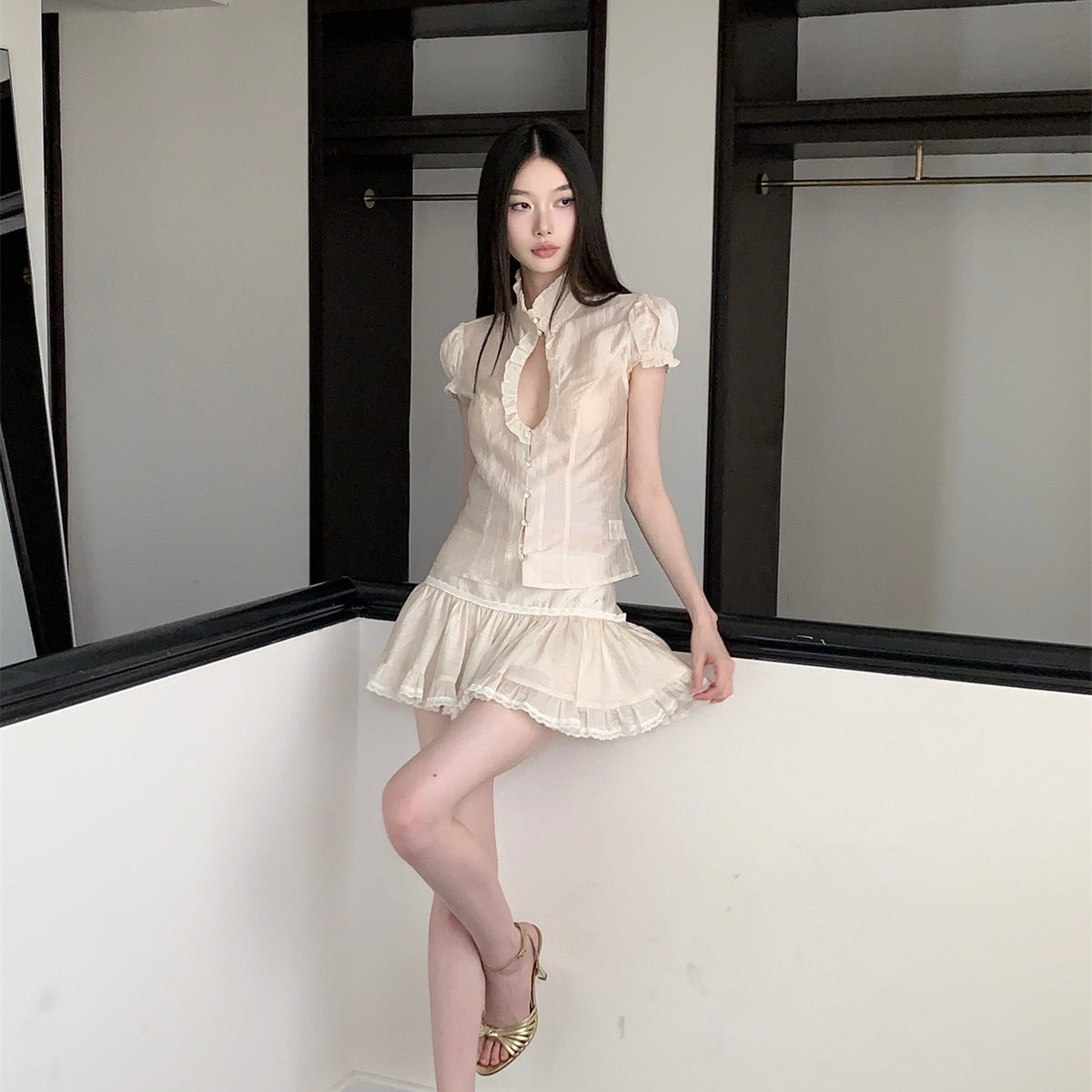 Beige Sheer High Collar Puff Sleeve Skirt Set
