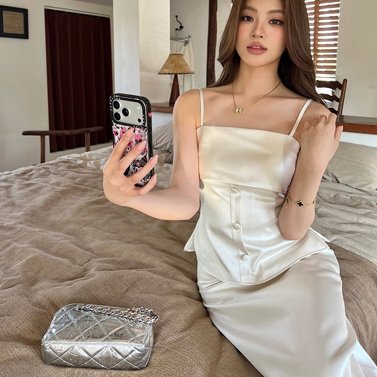 White Satin Camisole Maxi A-Line Skirt Set