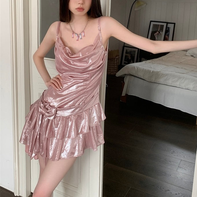 Pink Shiny Ruffle Hem Dress