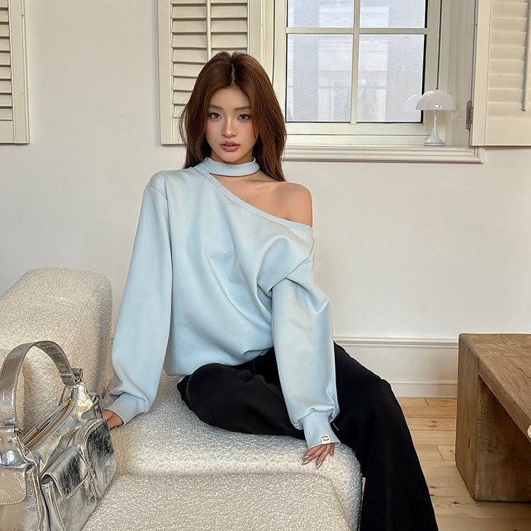 Pastel Blue Cut Shoulder Neck Strap Sweater