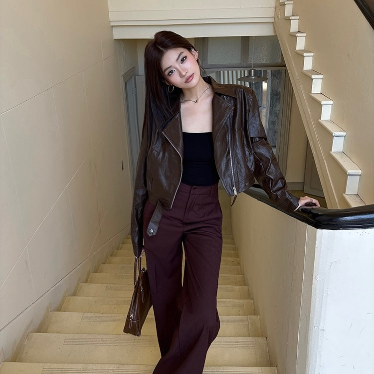 Brown Crop Faux Leather Zip Jacket