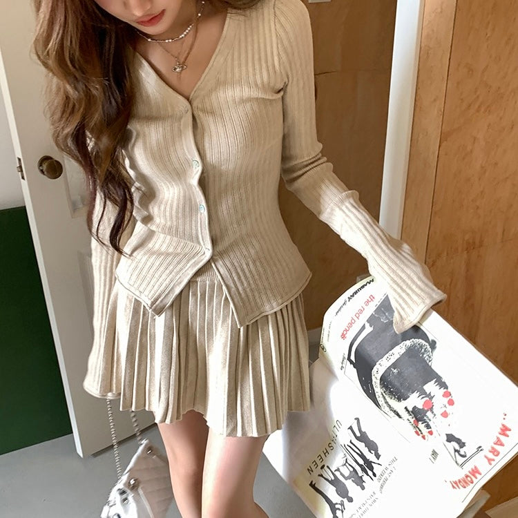 Knit Button-Up Sweater Pleated Skirt Set