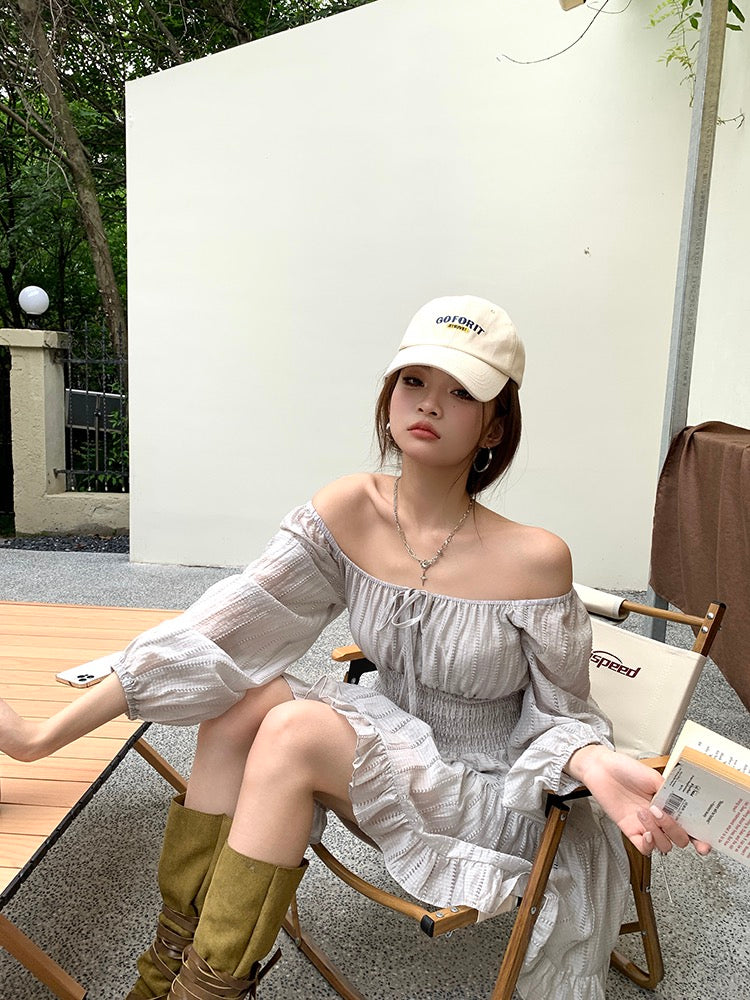 Grey Puff-Sleeve Boho Ruffle Dress