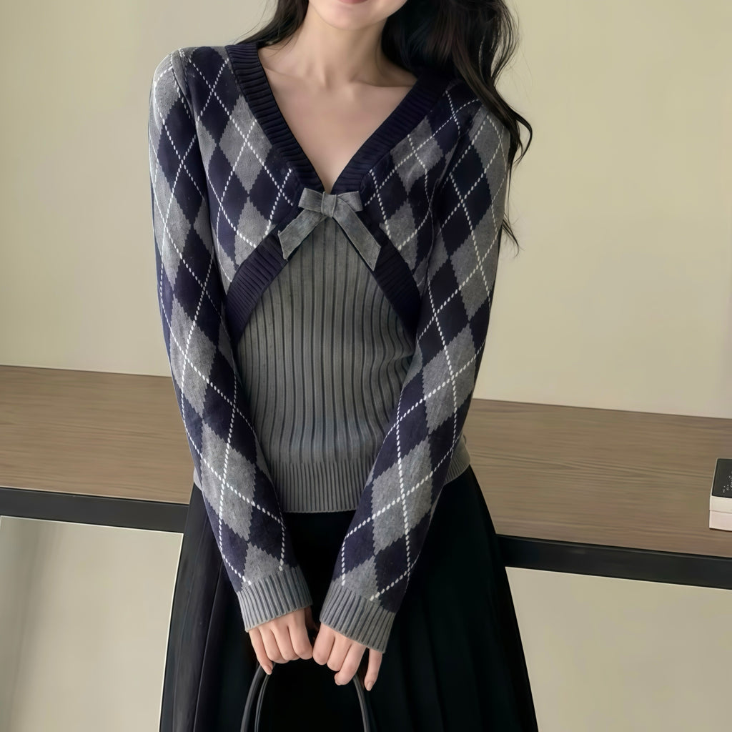 Grey Ribbon Indigo Argyle Sweater Set
