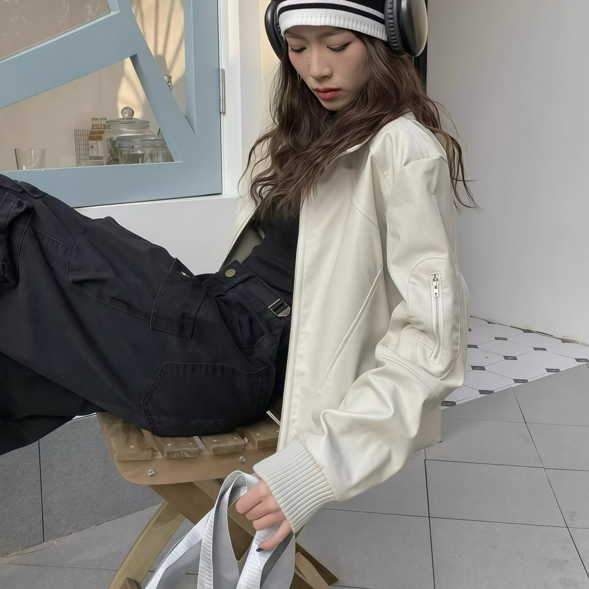 Cream Faux Leather Biker Jacket