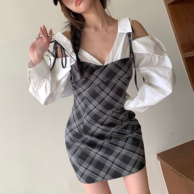 Layered Grey Plaid White Sleeve Dress