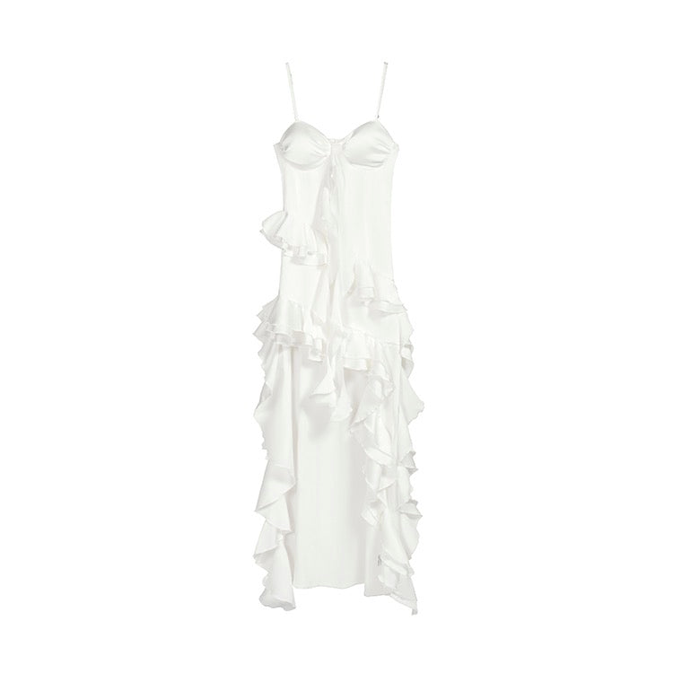 White Long Ruffle Boho Dress