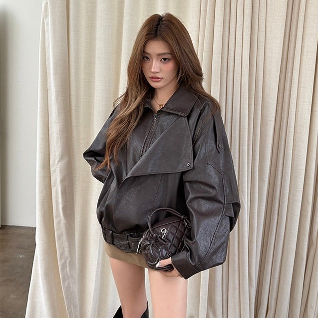 Brown Faux Leather Zip Jacket