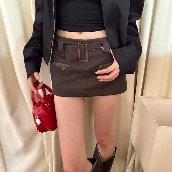 Khaki Buckle Belt Mini Zip Pocket Skirt