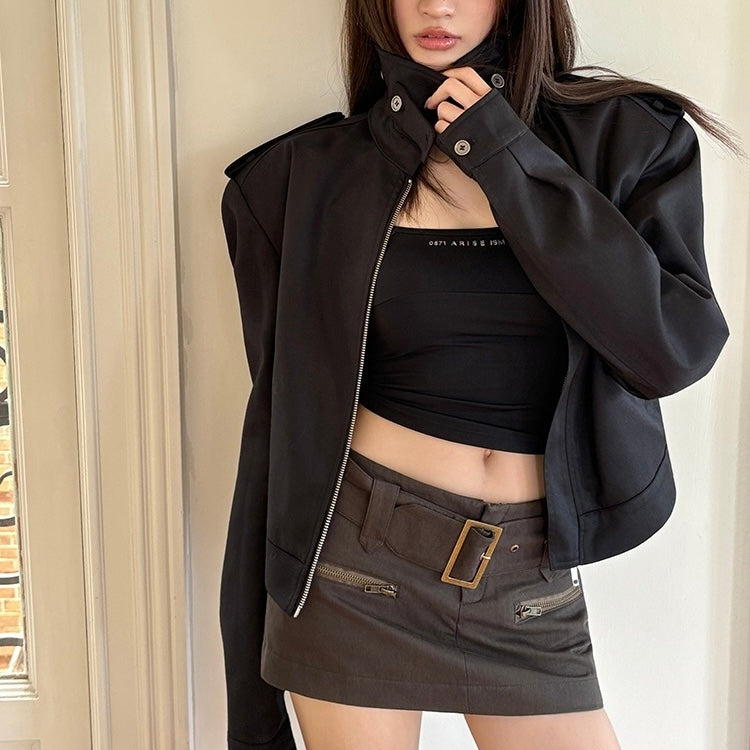 Black Wide Shoulder High Zip-Up Jacket