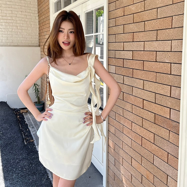 Light Yellow Satin Strap Tassal Dress