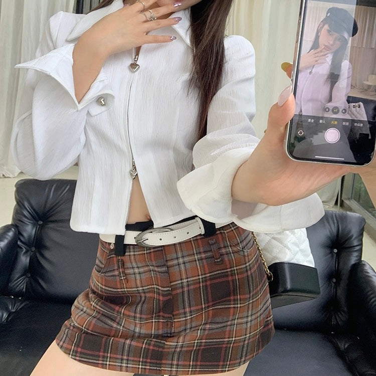 Orange Plaid White Belt Skirt