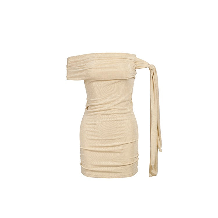 Beige Off-Shoulder Knot Tie Sleeve Dress
