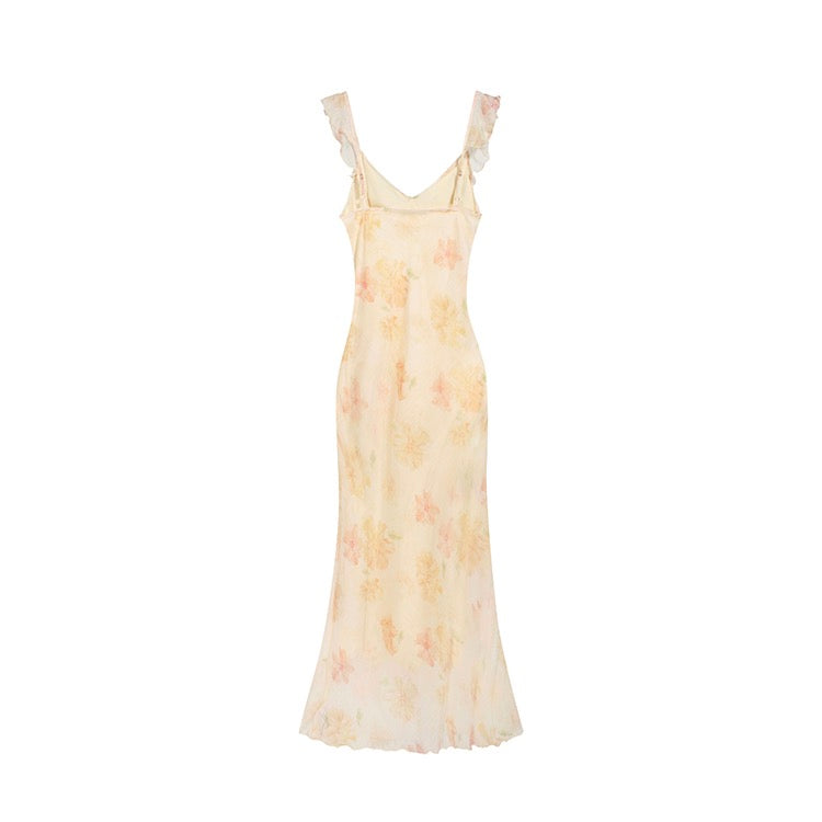 Yellow Light Floral Ruffle Maxi Dress