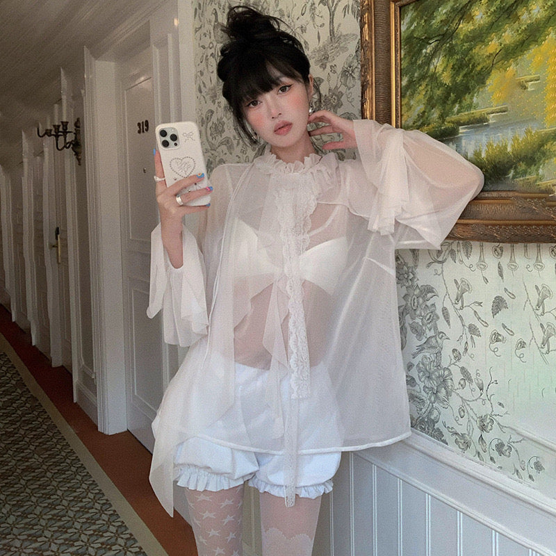 Ruffle Sheer Long-Sleeve Top