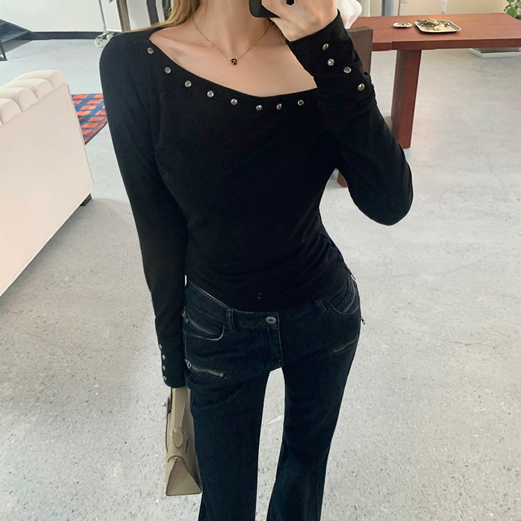 Black Stud Lined Single Off-Shoulder Top