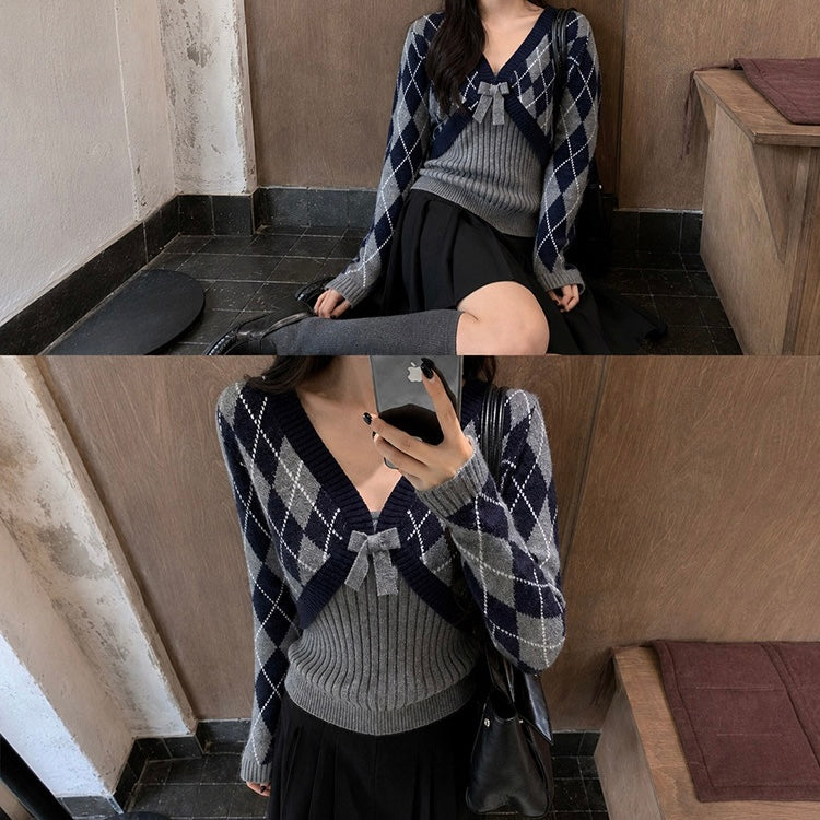 Grey Ribbon Indigo Argyle Sweater Set