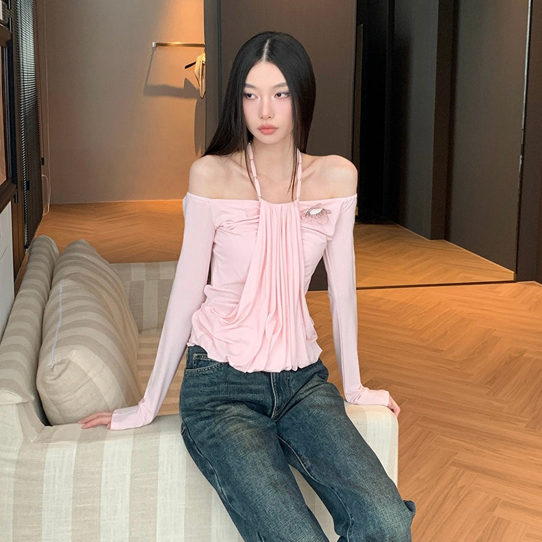 Pink Halter String Off-Shoulder Top