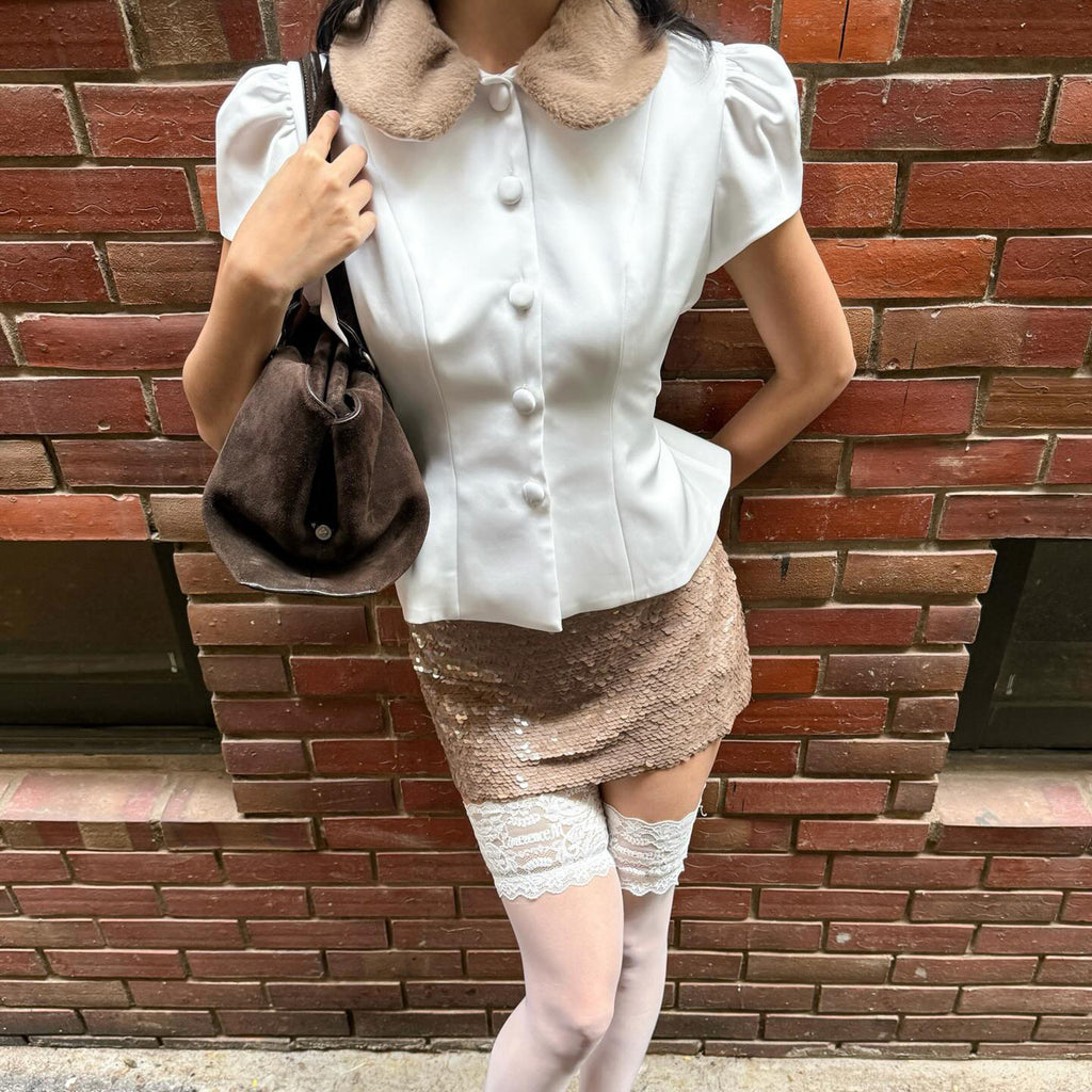 White Button-Up Puff Sleeve Fleece Collar Top