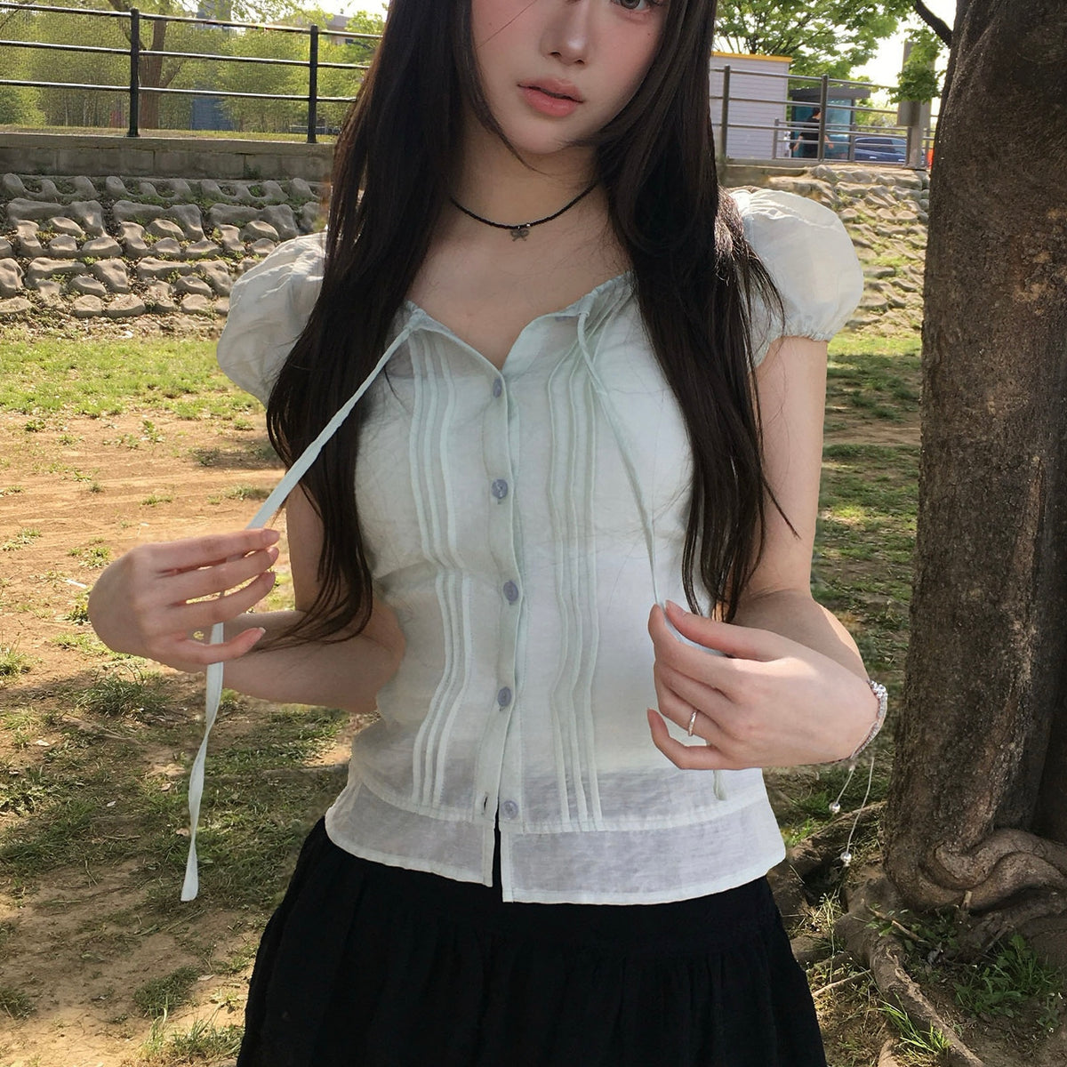 Ribbed Puff Sheer Short Sleeve Top