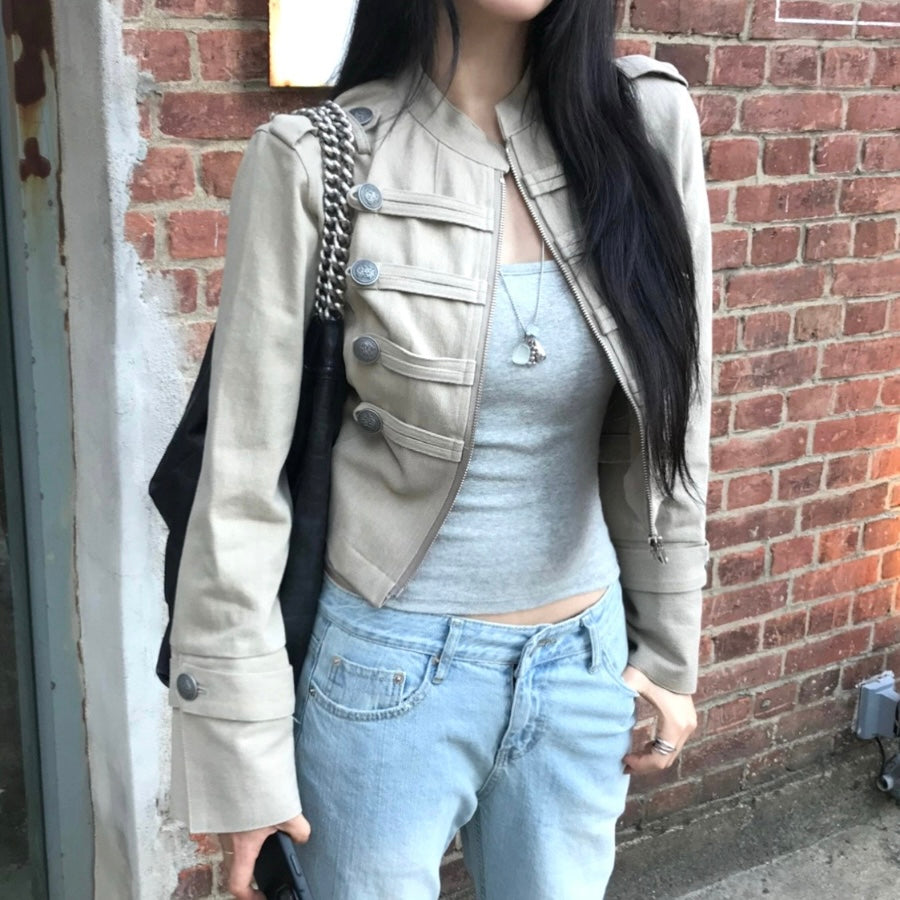 High Neck Double Side Button Zip Jacket