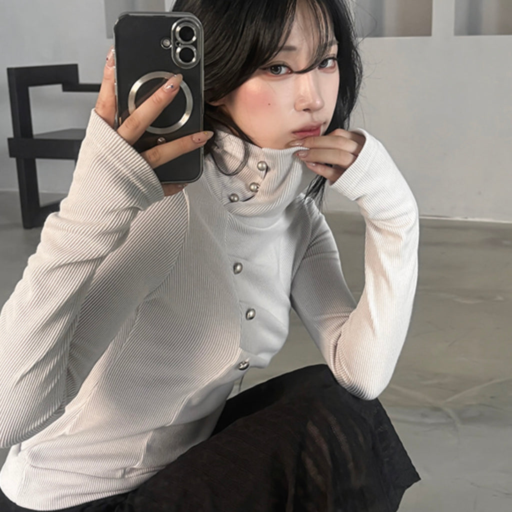 Knit White Turtle Neck Side Button Top