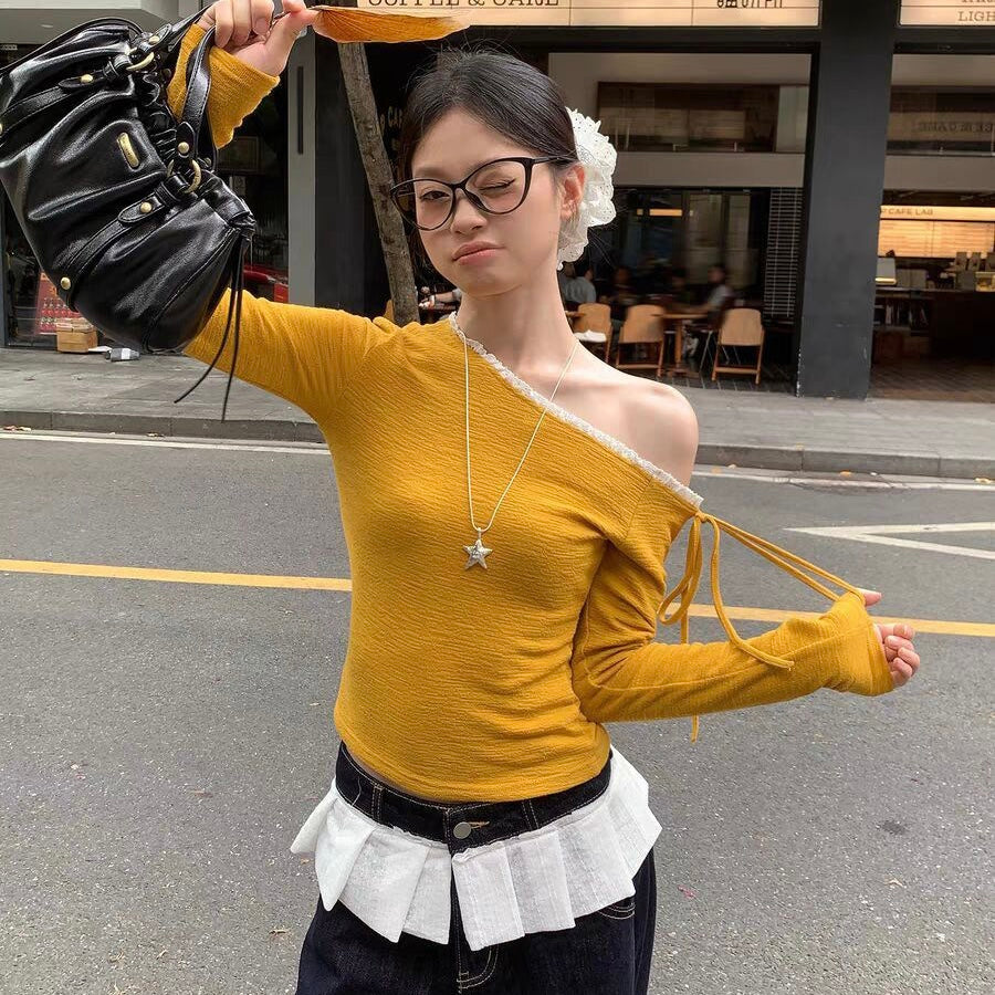 Yellow Single Off-Shoulder Sleeve Tied Top