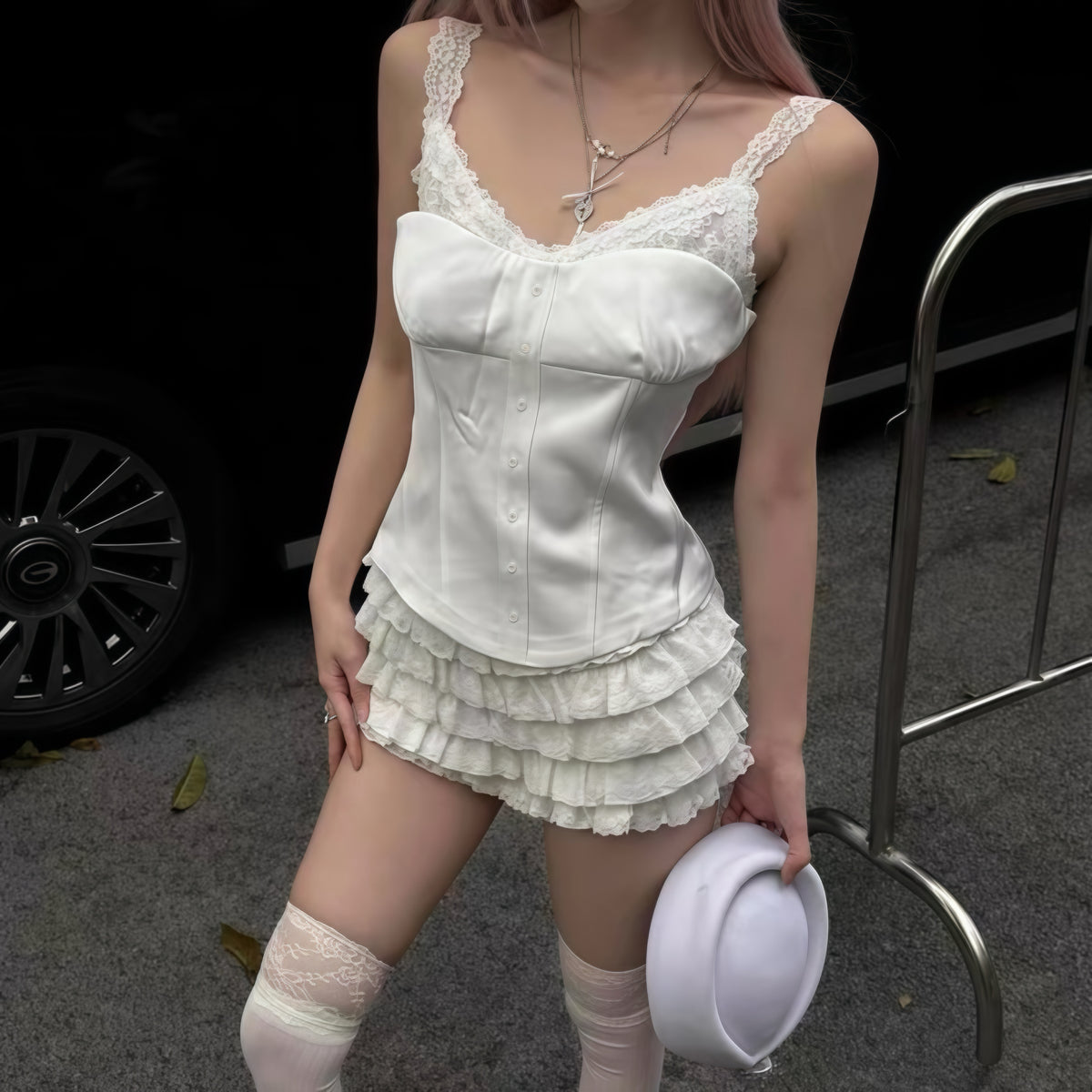 White Lace Strap Corset Ruffle Skirt Set