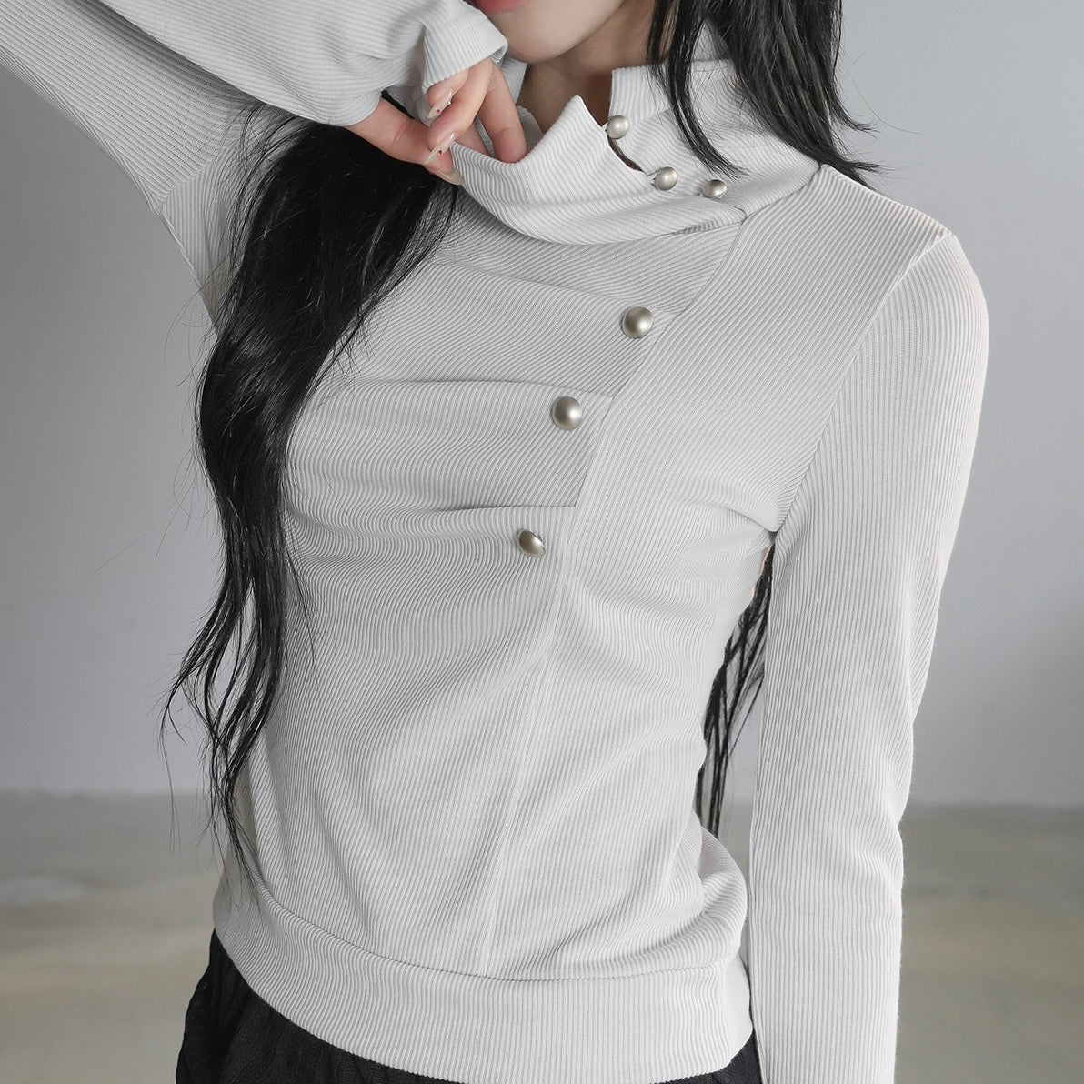 Knit White Turtle Neck Side Button Top