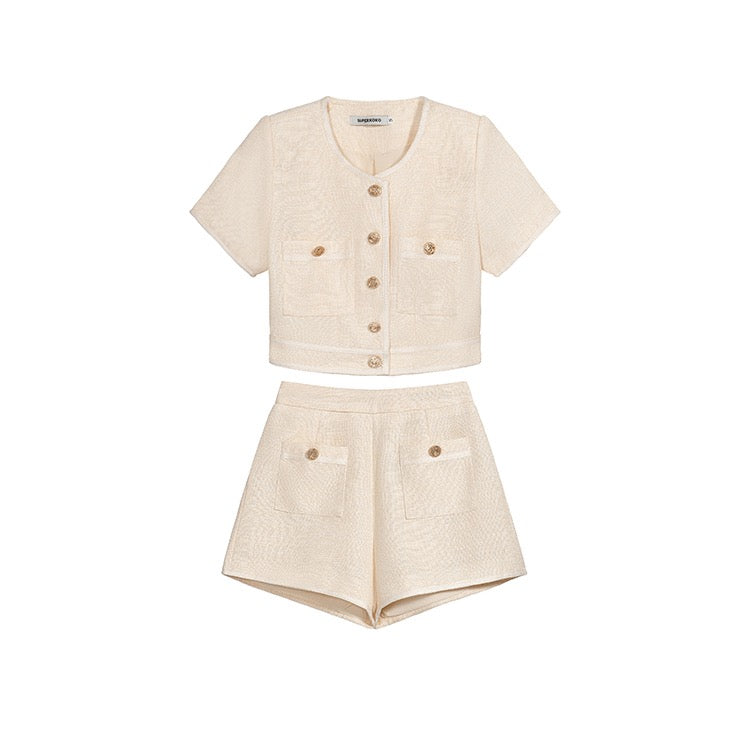 Beige Gold Button Top Shorts Set