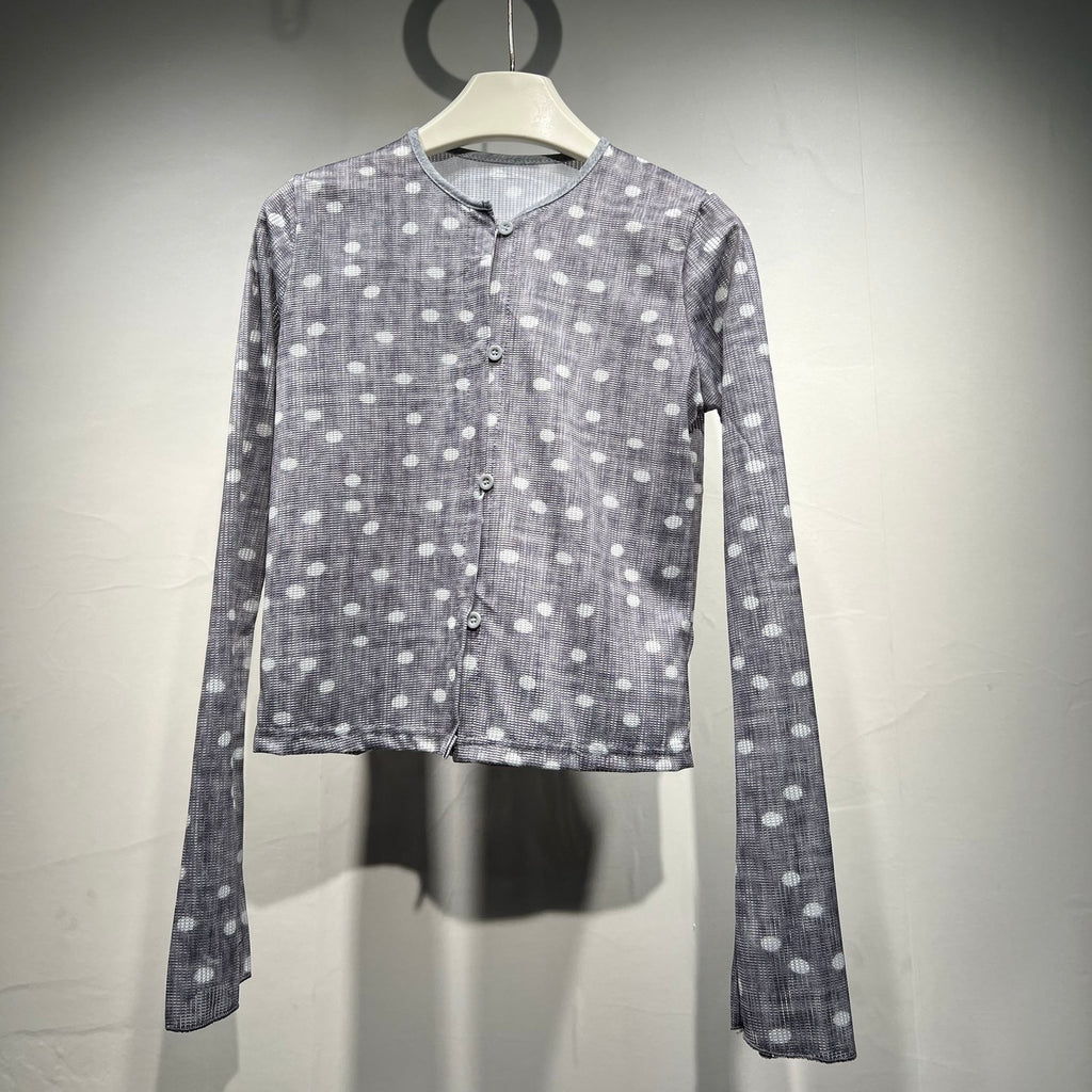 Grey Polka Dot Button Long Sleeve Top