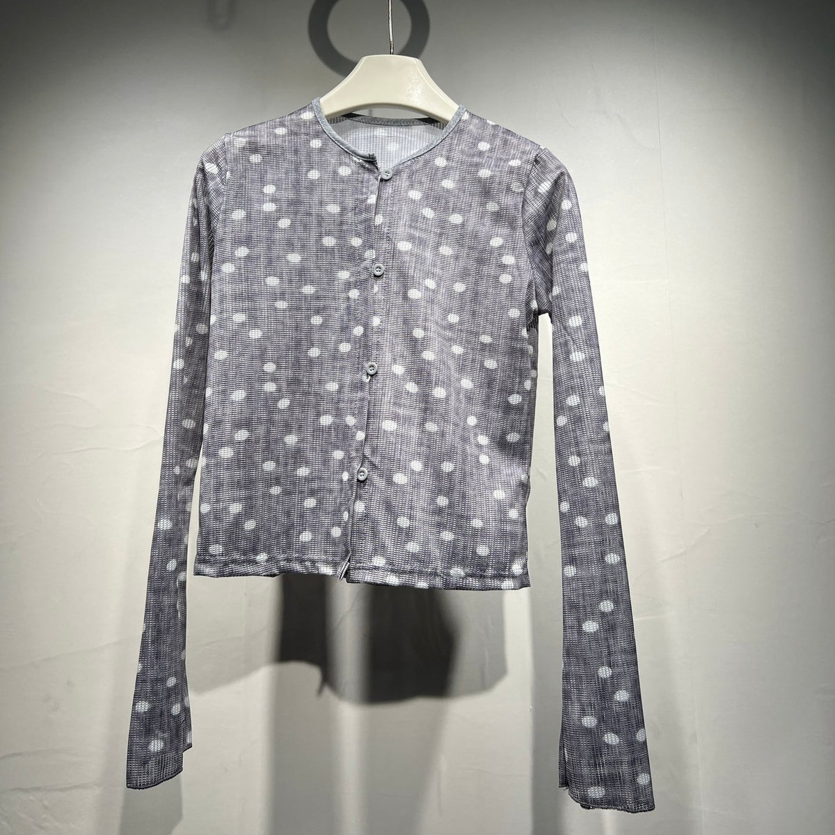 Grey Polka Dot Button Long Sleeve Top