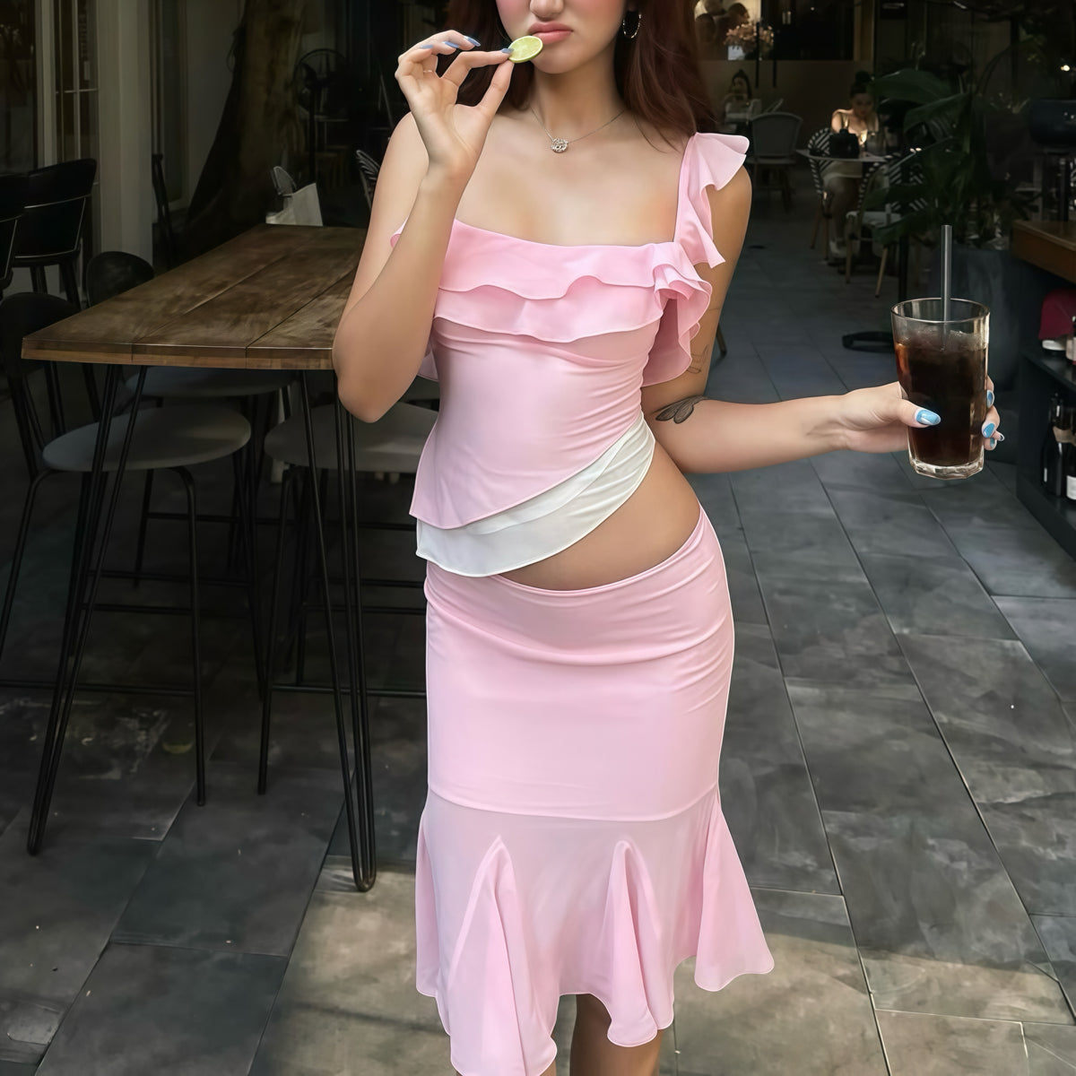 Pink Ruffle Camisole Sheer Hem Skirt Set