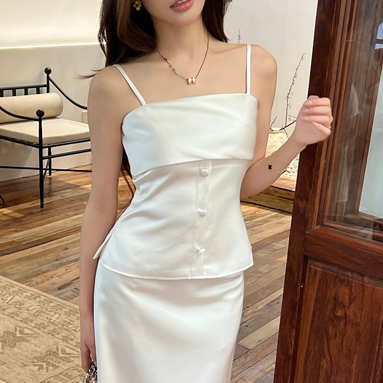White Satin Camisole Maxi A-Line Skirt Set