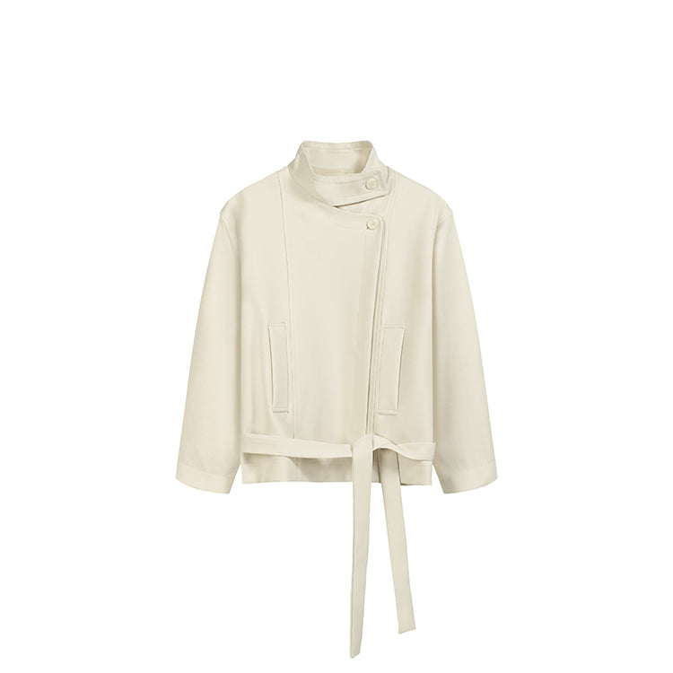 Beige High-Neck Waist Tied Coat