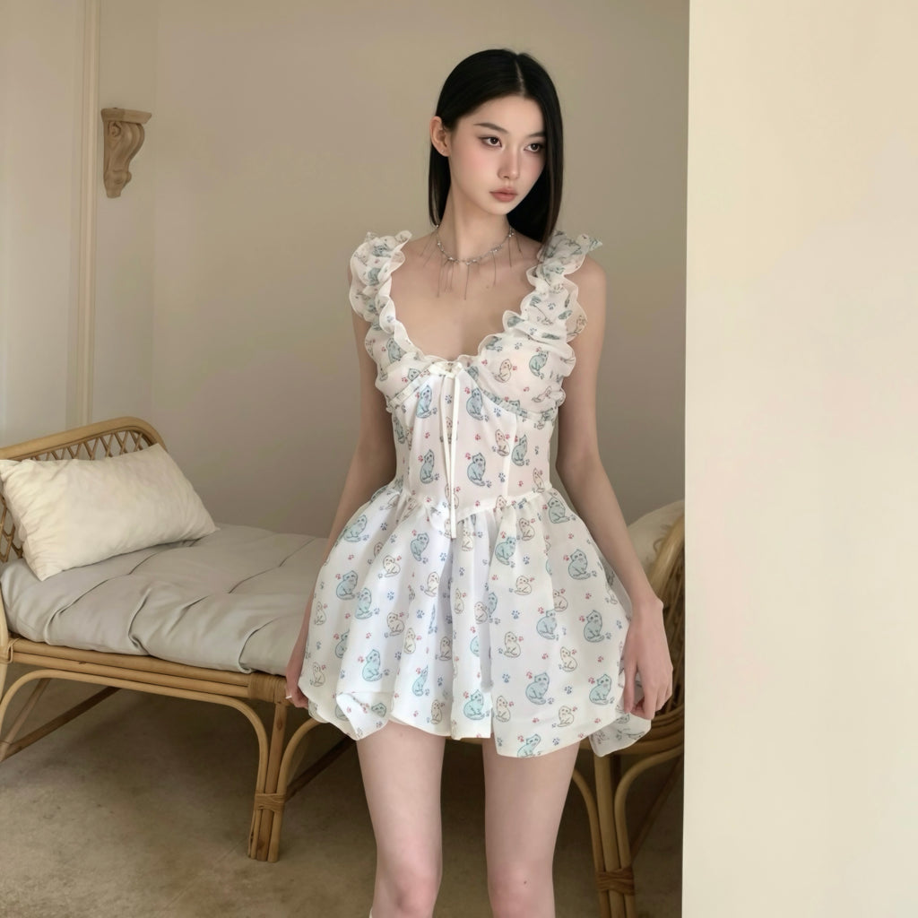 Blue Kitten Ruffle Neck Dress