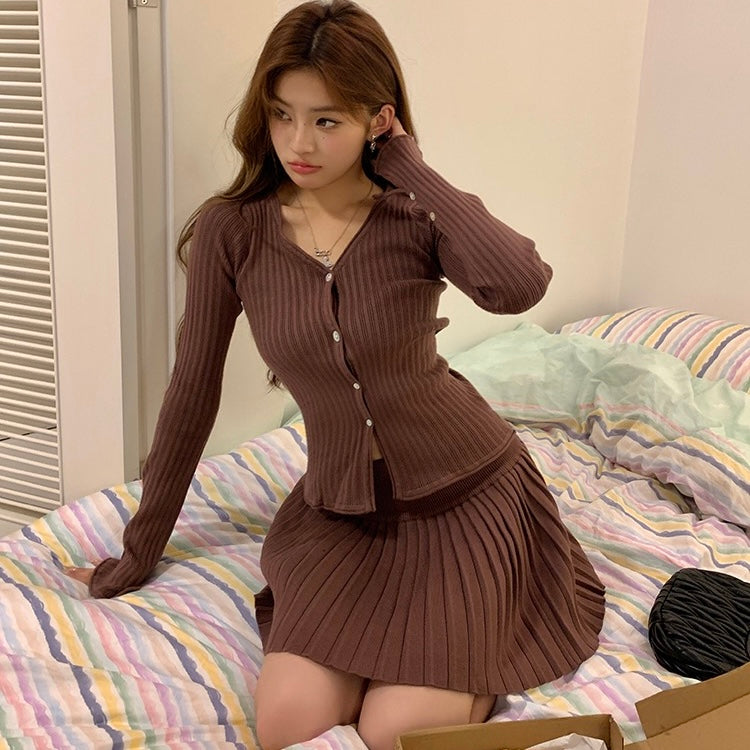 Knit Button-Up Sweater Pleated Skirt Set
