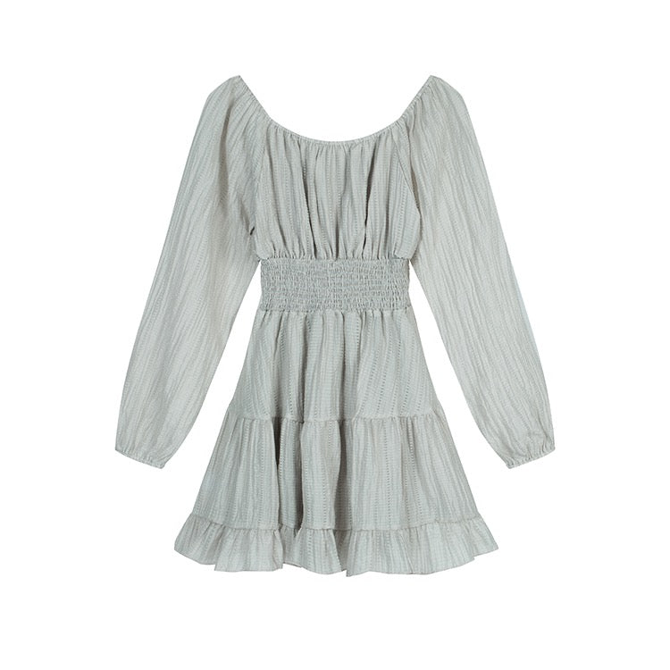 Grey Puff-Sleeve Boho Ruffle Dress
