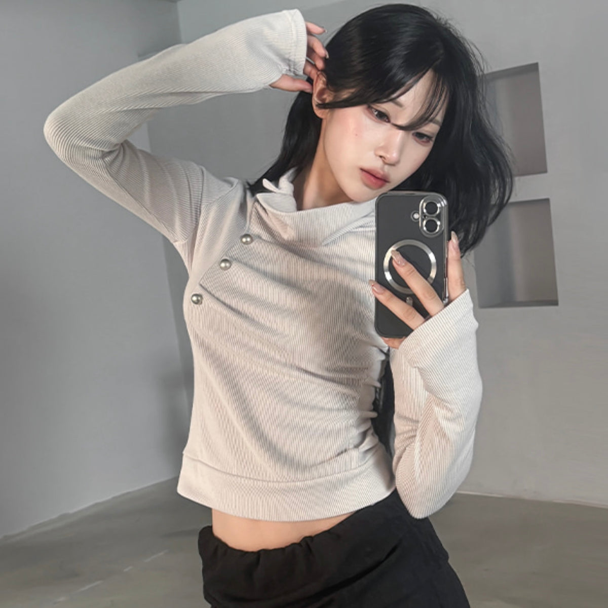 Knit White Turtle Neck Side Button Top