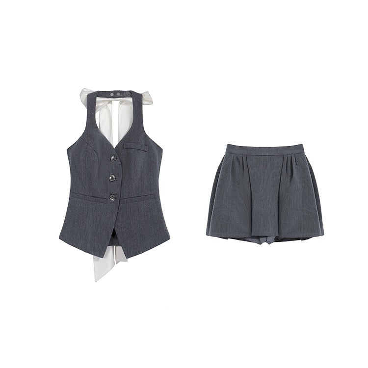 Grey Vest Skirt Back Ribbon Set