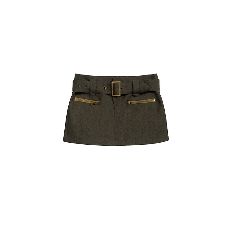 Khaki Buckle Belt Mini Zip Pocket Skirt