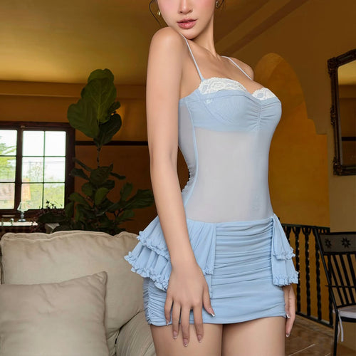 Baby Blue Sheer Body Lace Top Dress