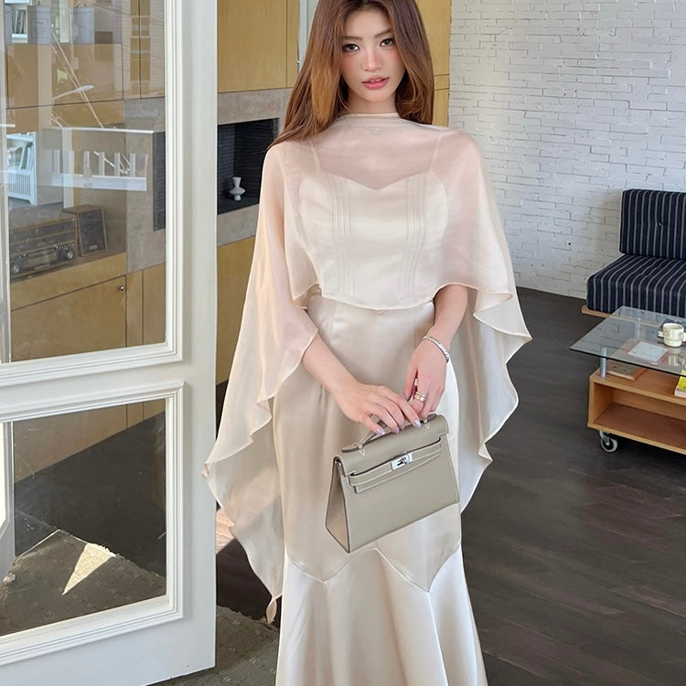 Champagne Satin Long Front Wrap Dress