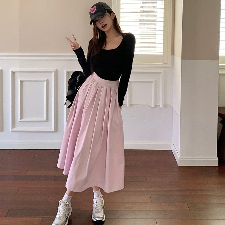 Pink Pleated Long Skirt