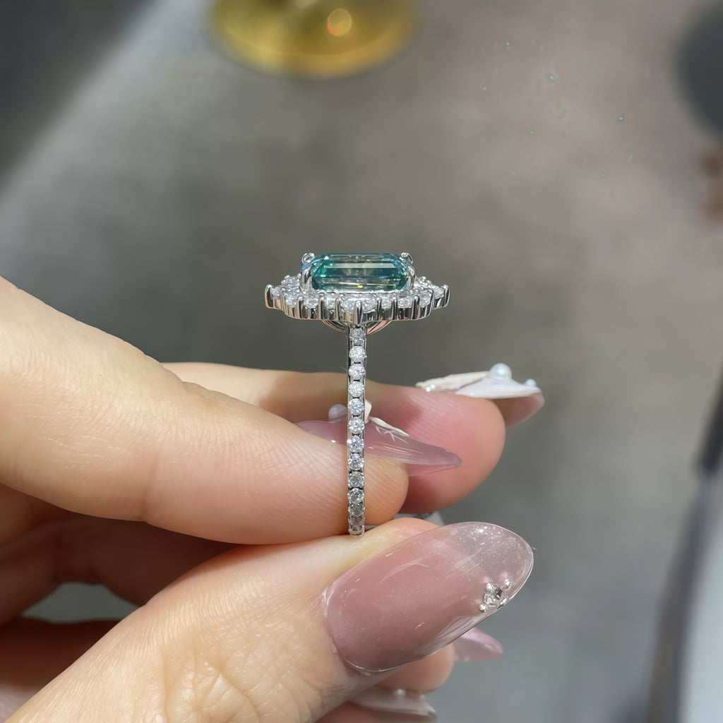 Emerald Cut Green Moissanite Diamond Ring