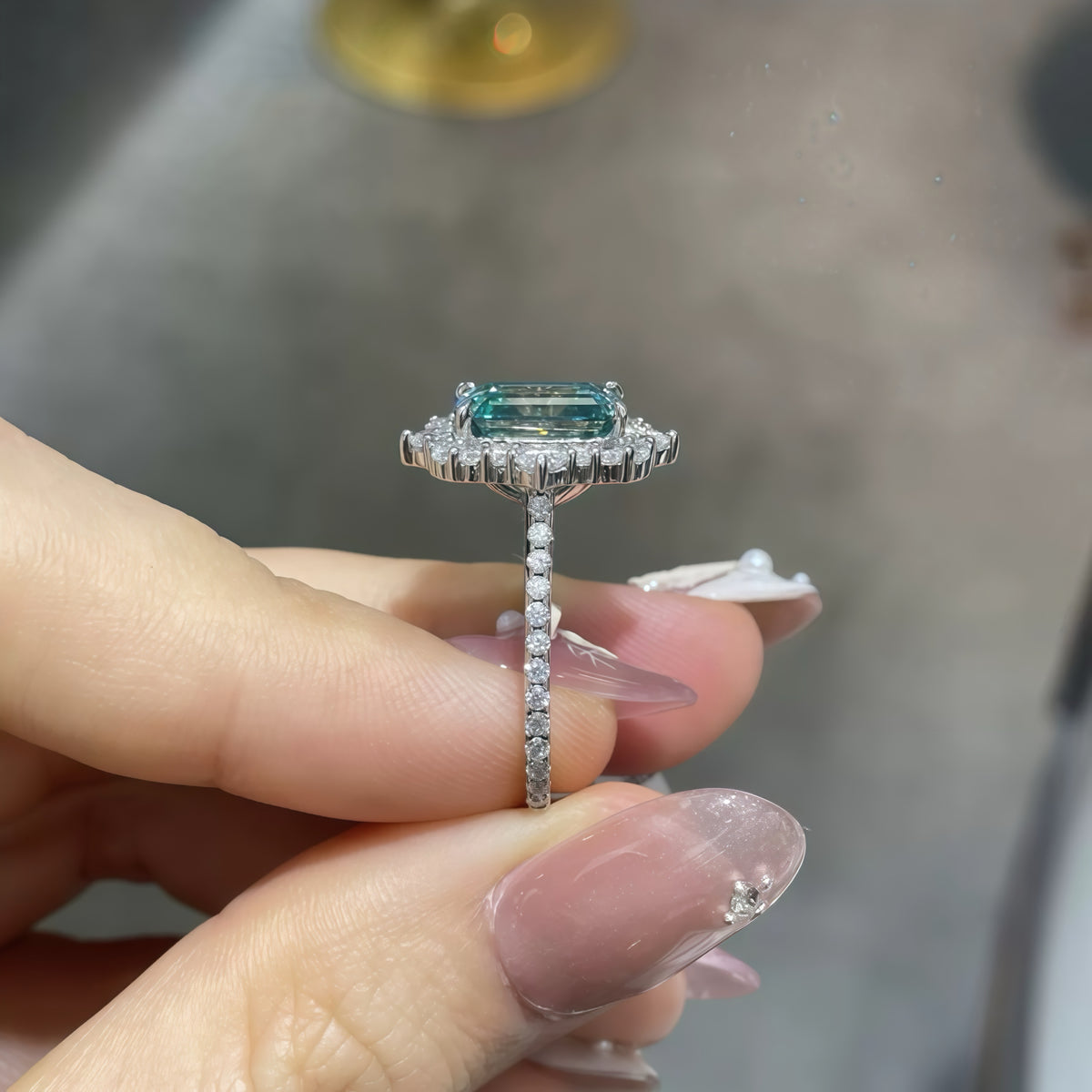 Emerald Cut Green Moissanite Diamond Ring