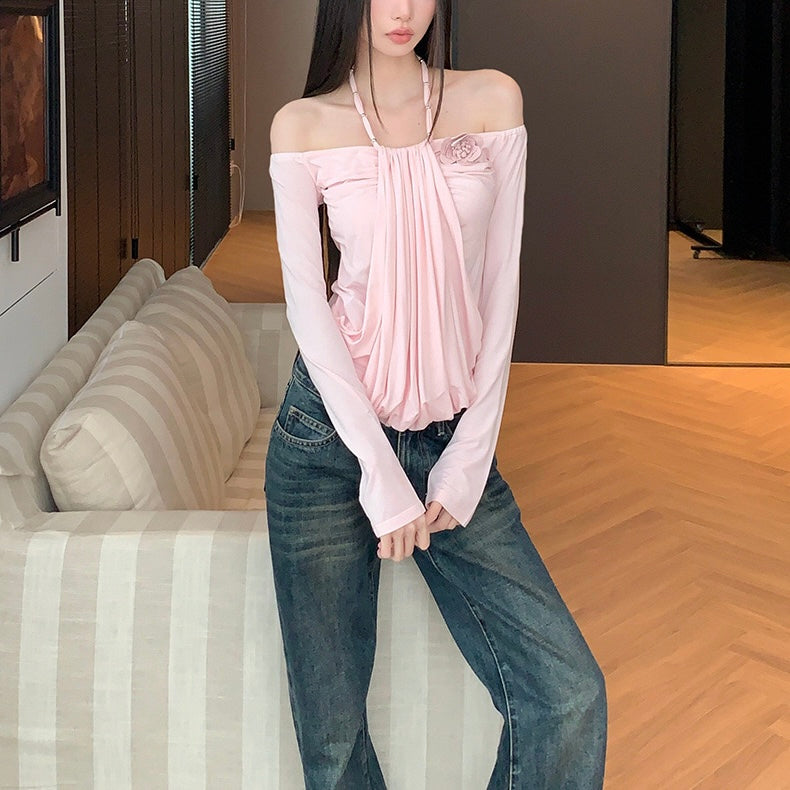 Pink Halter String Off-Shoulder Top