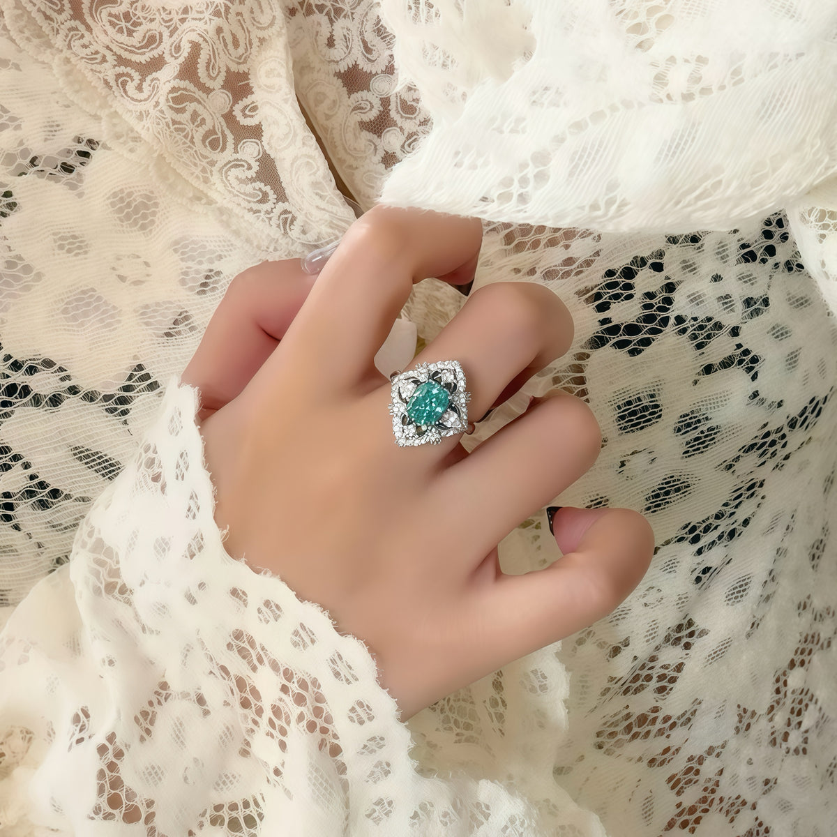 Tourmaline 2ct Cushion Flower Diamond Ring