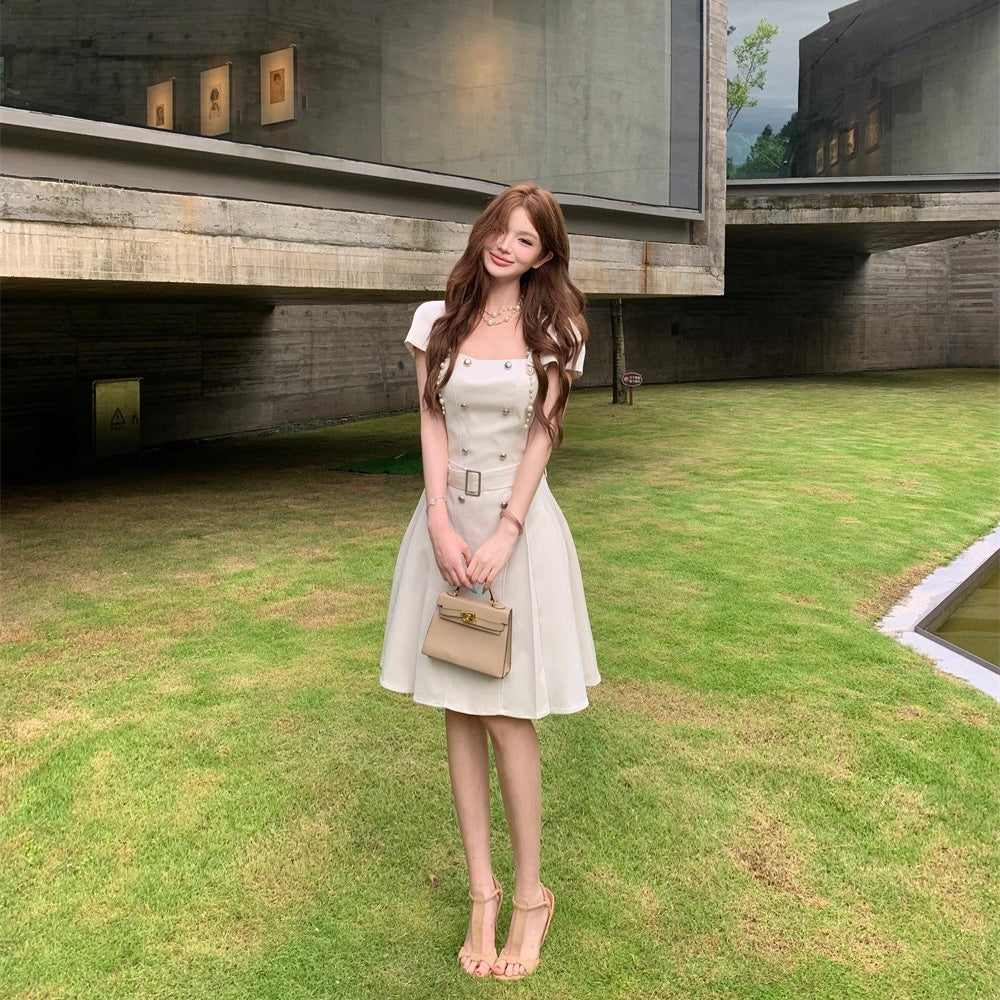 Cream Luxury Golden Button Belt Dress
